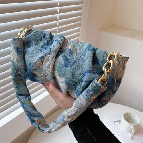 [EAM] Tide 2021 Women Canvas Shoulder Bag Casual Wild Ladies New Fashion Temperament Pleated Print Shoulder Bag Autumn 18A5275