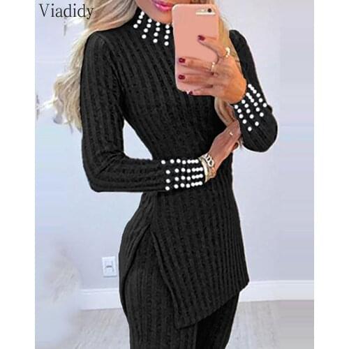 Womens Suit Casual Knit Beaded Side Slit Long Sleeve Top Sweater & Long Pants Set