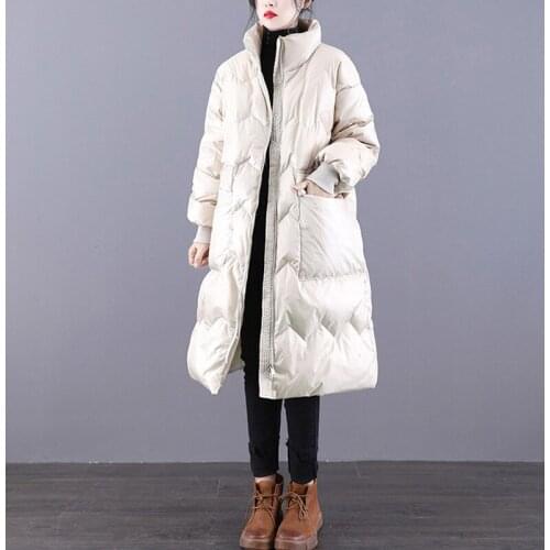 2021 Winter New Female Loose Down Outerwear Long Solid Color Down Jacket Vintage Thicken Women Warm White Duck Down Coats