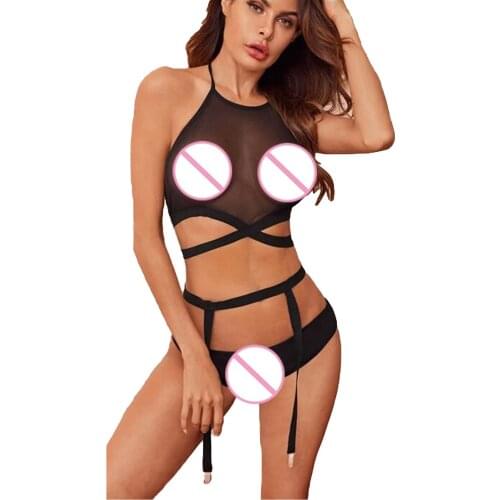 Women Elegant Fashion Sexy Lingerie Gauze Underwear Bodysuit Three-Piece Suit Erotic Teddies Porn Female нижнее белье женское d4