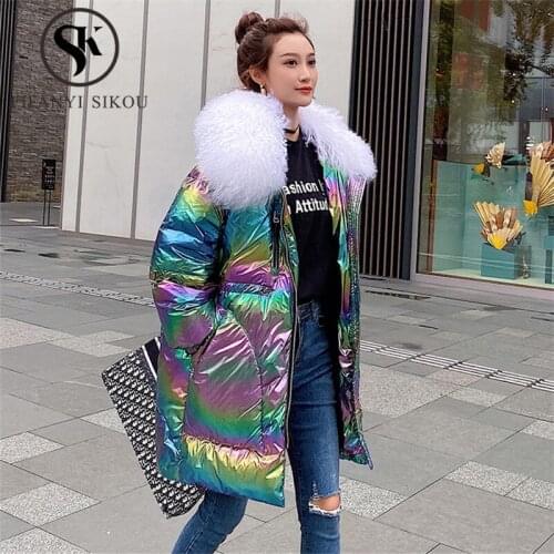 Winter Jacket Women Thick Warm Parkas High quality 90% White Duck Down Jacket Lambswool Collar Bright Colors Lady Long Down Coat