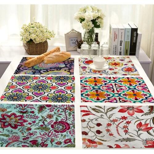 1pcs Color Ethnic Pattern Cotton Linen Placemat Rectangular Indian Coaster Late Dinner Table Tableware Decoration 42x32cm