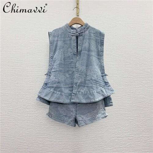2021 Vintage Jacquard Buckle Blue Casual Denim Vest Women High Waist Wide Leg Loose Shorts Female Two Pieces Short Set
