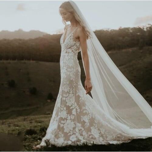 Beige Lace Boho Country Wedding Dress Aline For Bride 2021 Appliqued Deep V Neck Backless Sexy Summer Long Beach Bridal Gowns
