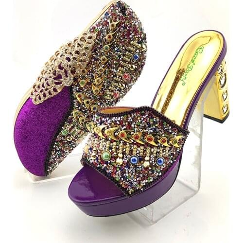 2020 Lastest Fashion Purple Metal Fish Bone Decorative Ladies Shoes and Bag Set Decorared With Colorfur Rhinestone for Party