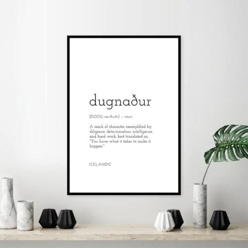Dugnaður Definition Print Scandinavian Icelandic Nordic Poster Black White Minimal Typographic Wall Art Canvas Painting Decor