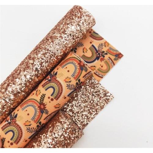 Two Sides Rose Gold Chunky Glitter Vinyl Fabric Sheet Felt Backing with Printed Rainbow Synthetic Leather Faux DIY A4 SIZE 6S52C