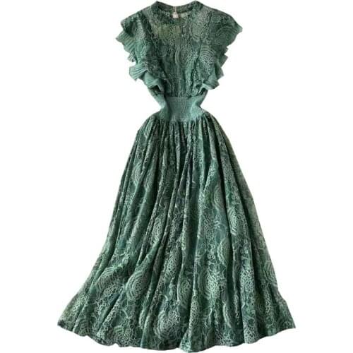 Elegant Solid O-Neck Lace Sleeveless Vestidos Korean Fashion Slim Ruffles Party Dress Summer robe femme