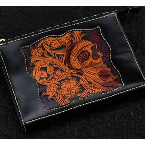 Handmade Men Vegetable Tanned Leather Bag Money Holder Carving Grass Skull Clutch Purse Cigarette Pocket Man Clutches Envelope