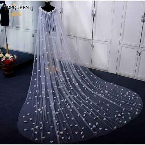 TOPQUEEN G45 Bridal Cape Veil 3D Flowers Veil Bridal Designed Cape for Wedding Dress Wedding Long Bridal Veils with Flowers