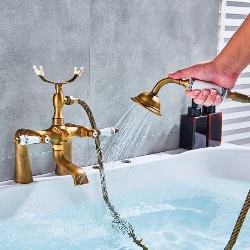 Vidric Antique Brass Bathtub Shower Faucet Porcelain Deco Dual Handles Mixer Tap Deck Mount With Angle Adjustable Shower Faucet