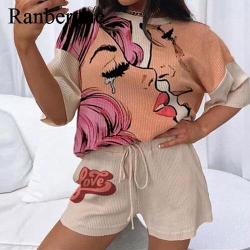 Ranberone Women Two Pieces Cartoon Print Short Sleeve T Shirt With Shorts Loose Style Women Summer Suits Lace-Up Waist Shorts
