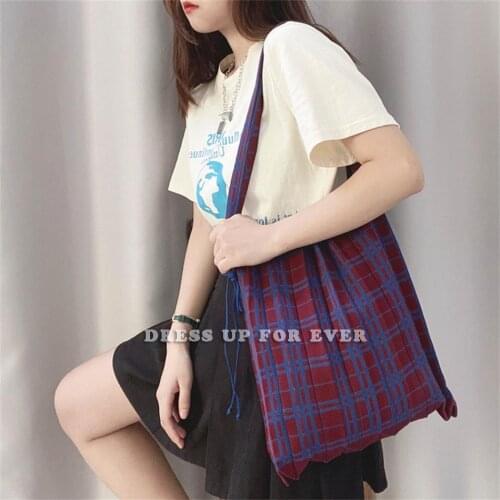 Female Japan Korea Style Woolen Retro Check Folding Knitted Big Capacity Tote Handbag Organ Shoulder Casual Shopping Women Bags