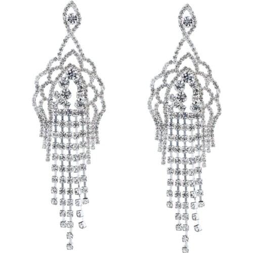 Chran Unique Wedding Party Earrings Hollow Design Silver Plated Rhinestone Long Tassles Earrings for Women
