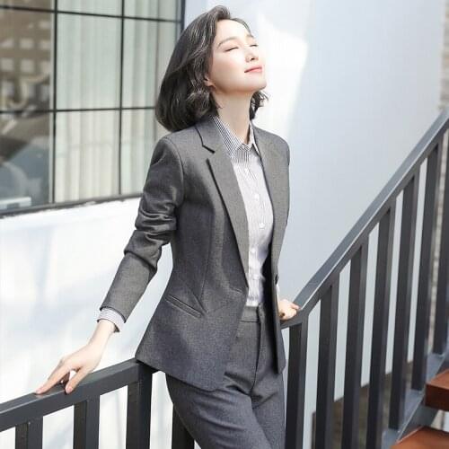 Women 2 piece Gray Pant Suits Formal Ladies Office OL Uniform Designs Women elegant Business Work Wear Jacket with Trousers Sets