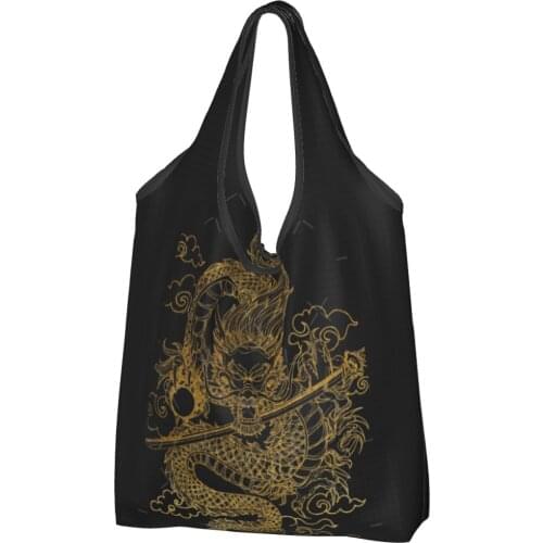Gold Chinese Dragon Canvas Bag Woman Cheap Bag Chinese Culture Ins Shoppers Bag