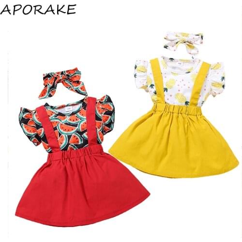 2021 0-3Y Sweet Toddler Baby Girl Clothing Watermelon/Pineapple Print Fly Sleeve T-shirt Top+Solid Suspender Skirt+Headband 3pcs