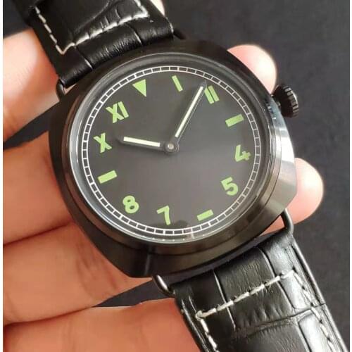 43mm Full Black Stainless Case Leather Strap Luxury Mechanical Hand Wind Watch For Men Gift Super Luminous Waterproof Male Clock