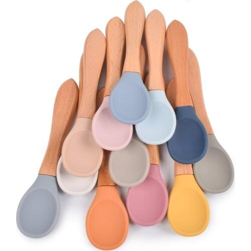 Baby Soft Silicone Spoon Candy Color Safety Baby Learning Wood Spoon Non-Slip Spoon Children Kids Boy Girl Food Feeding Tools