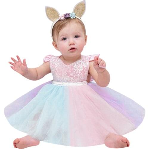 Lovely Newborn Infant Baby Girls Romper Dress Sleeveless Ruffles Rainbow Sequined Lace Princess Romper Dress ropa de bebe niña