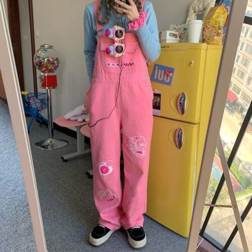 Vintage Streetwear Jeans Woman Japanese Harajuku Overalls Loose Straight Hot Girl Cartoon Printed Sweet Cool Street Jeans