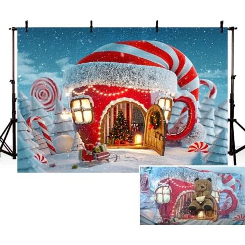 Christmas Backdrop Winter Snow Candy Cake House Tree Fireplace Boots Donut Book Baby Dreamy Photo Background for Photo Studio