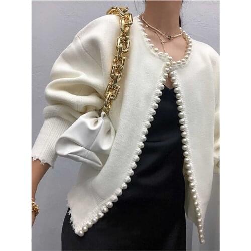Pearl Embellished Edge Cardigan Distressed Long Sleeve Cardigan Winter Clothes Women Warm Sweater Cardigan