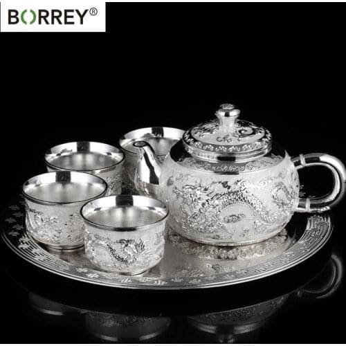 BORREY Chinese Silver Teapot Cup With Tea Tray Gold Plate Traditional Teapot Puer Kettle Wedding Opening Gift Home Decoration