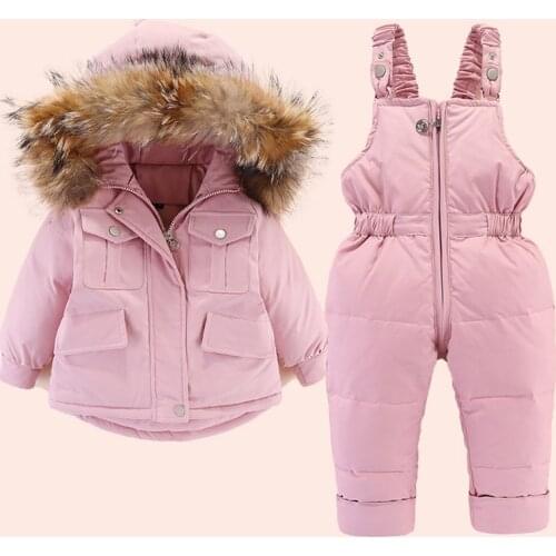 Winter Down Jacket And Jumpsuit For Children 2pcs Set Baby Girl Thicken Warm Fur Collar Jacket For Girls Infant Snowsuit 0-4Year