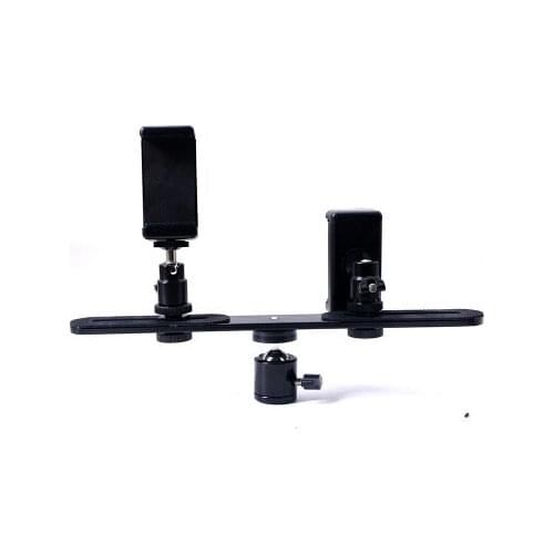 Metal hot shoe plate with ball head and phone clamp to clip 2 phonees