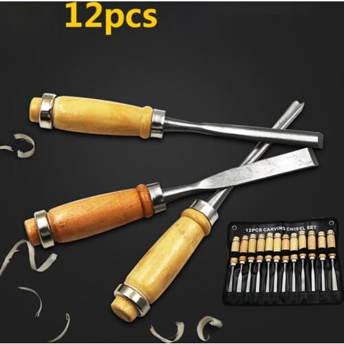 12pcs/set Carpenter Carving Chisel Kit Alloy Blade Wooden Handle Woodworking Hand Carved Tools DIY Engraving Chisels