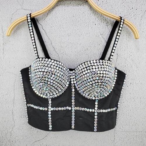 New Women Bras Colorful Acrylic Diamond Beaded Luxury Mesh Camisole Full Coverage Bralette Underwear Hot Girl Backless Short Top