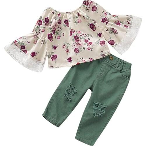 Autumn New 2PCS Toddler Kids Baby Girls Clothes Flare Sleeve Lace Floral Shirt Tops+Hole Denim Pants Outfits 1-6Y Casual