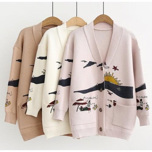 2021 Autumn and winter knitted cardigan womens sweater jacket Korean version of the wild abstract sweater womens jacket