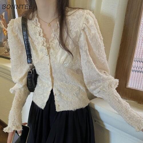 Shirts Women Solid V-Neck Temperament Slim Chic Stylish Lantern Sleeve French Elegant Feminino Blouses BF Style Autumn All-match