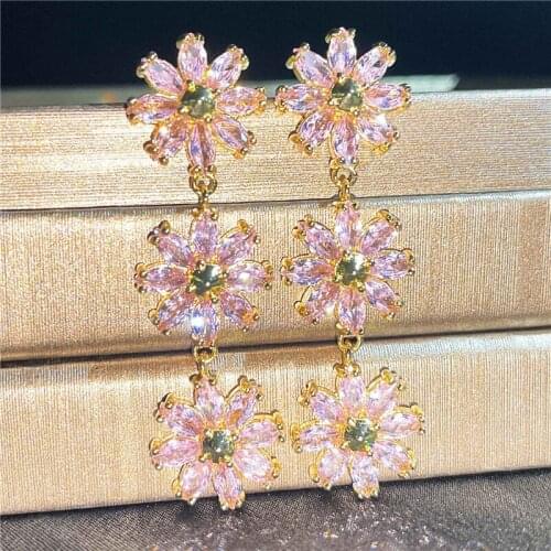 Three Flower Earrings Silver 925 Women Jewelry Sweet Long Crystal Pink Daisy Earrings Female Party Accessories 2021 Trendy Bijou