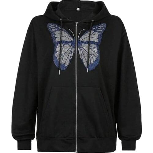 Y2K long sleeve Zip Up Women Rhinestone Hoodies Harajuku Sweatshirt Oversized 90s jacket Clothes Vintage Autumn Black skull Long