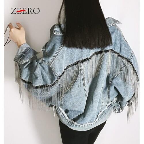 Coats and Jackets Women Cool Tassel Chain Denim Jacket Streetwear Female Loose Batwing Jeans Jacket Outerwear Chaqueta Mujer