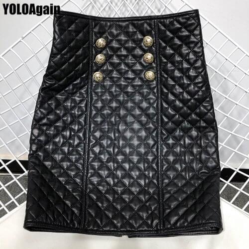 YOLOAgain women OL genuine leather skirt ladies double breasted real leather pecil skirt