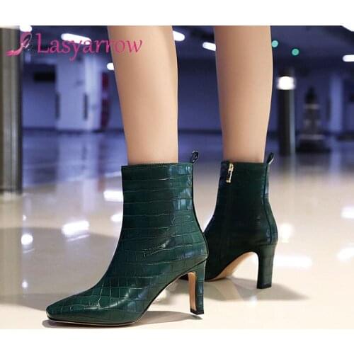 Lasyarrow Ankle Boots Women Shoes Square Toe Thick Heels Short Boots Zip High Heel Boots Ladies Autumn Winter Black Brown