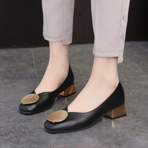 Plus Size 35-42 Women Dress Shoes Medium Heels Woman Shoes Square Toe Pumps Gold Heeled Boat Shoes Ladies Zapatos Mujer