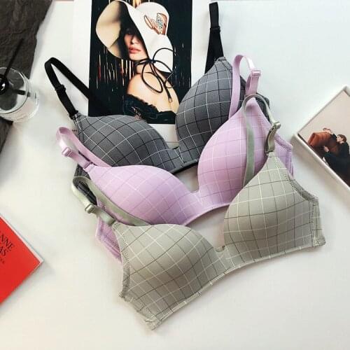 Wasteheart New Women Fashion Black Purple Pink Wireless Padded Bras Plaid Female Bra Sexy One-Piece Bras Bralette Underwear A B