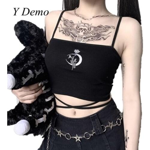 Y Demo Gothic Fashion Rose Embroidery Women Tops Sexy Harajuku Summer Camis Sleeveless Crop Tops For Female 2020