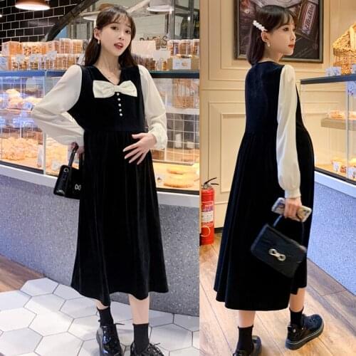 1356# Autumn Korean Fashion Black Maternity Long Dress Elegant Lovely Sweet A Line Slim Clothes for Pregnant Women Pregnancy