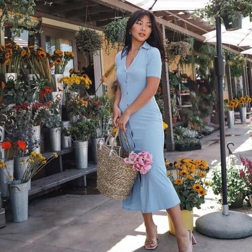 Missnight Blue Tshirt Dress Short Sleeve Button Polo Neck Long Dresses Split Casual Summer Dress 2021 Streetwear Vintage