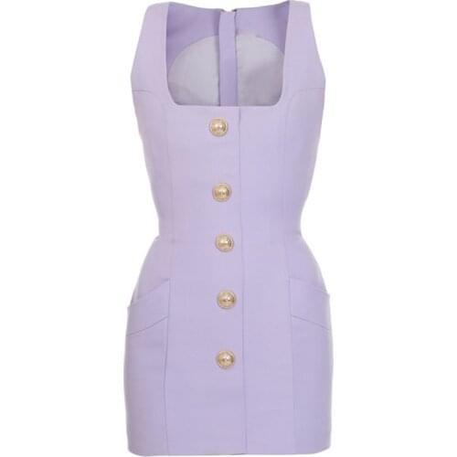 HIGH STREET Newest 2021 Designer Dress Womens Sleeveless Lion Buttons Square Collar Tank Dress