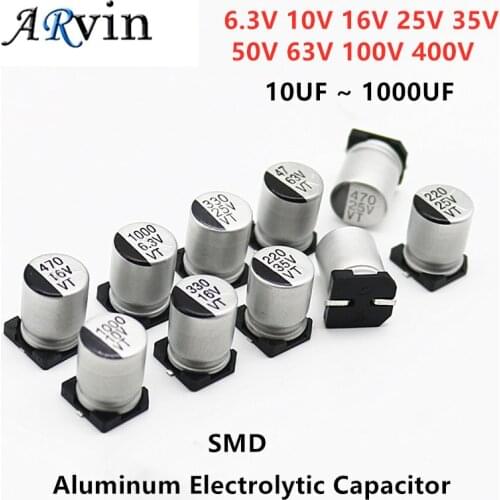 10Pcs SMD Aluminum Electrolytic Capacitor 6.3V 10V 16V 25V 35V 50V 63V 100 1UF 10UF 22UF 33UF 47UF 100UF 330UF 470UF 1000UF