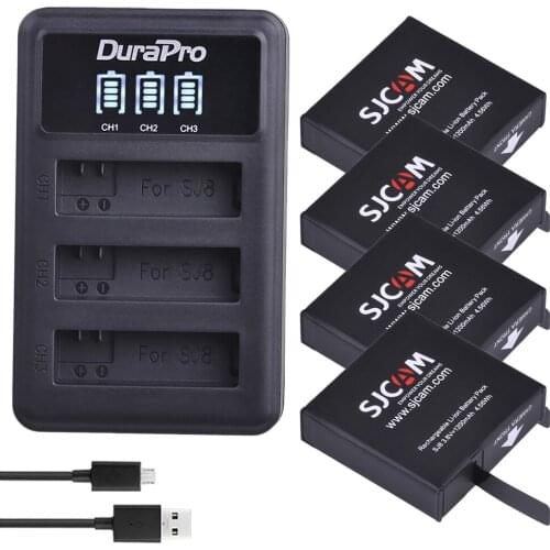 4Pc SJ8 Battery 1200mAh Original SJCAM SJ8 Battery + LED 3-Slots USB Charger for SJ8 Pro Plus Air Action Camera