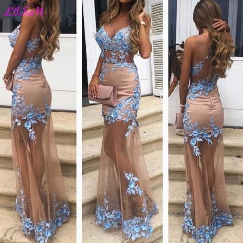 Illusion Long Prom Dresses 2020 Sexy Sweetheart Blue Appliques Sleeveless Evening Wear Robe de soiree Chic Party Gowns