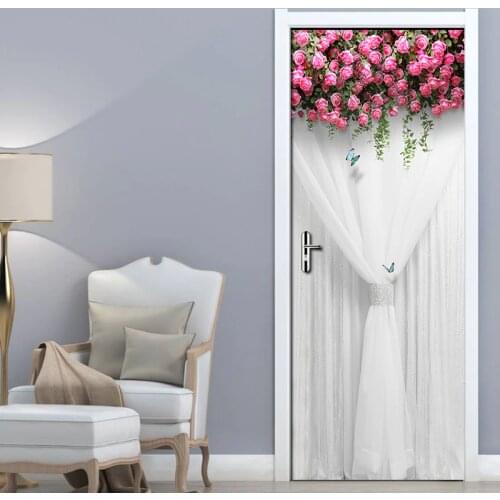 Door Sticker Tools Door Wallpaper Door Decoration DIY Self-adhesive PVC Pink Flowers White Silk Wedding Room Bedroom Waterproof
